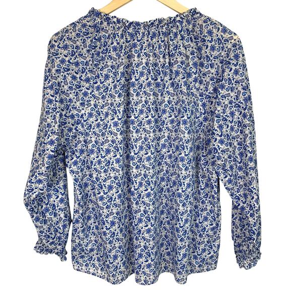 J.Crew Factory Women's Top Blue White Micro Floral Paisley Split Neck - Picture 2 of 11